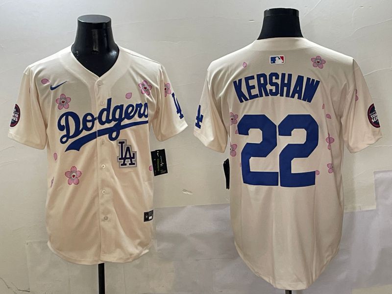Men Los Angeles Dodgers 22 Kershaw Cream White Blue Sakura Edition 2025 Nike MLB Jersey style 8